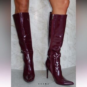 Women's Patent Knee-High Boots in Burgundy